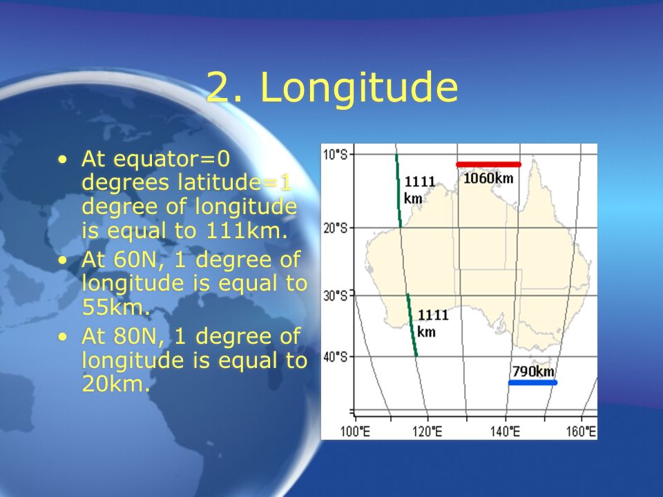 2. Longitude At equator=0 degrees latitude=1 degree of longitude is equal to 111km. At 60N, 1 degree of longitude is equal to 55km.