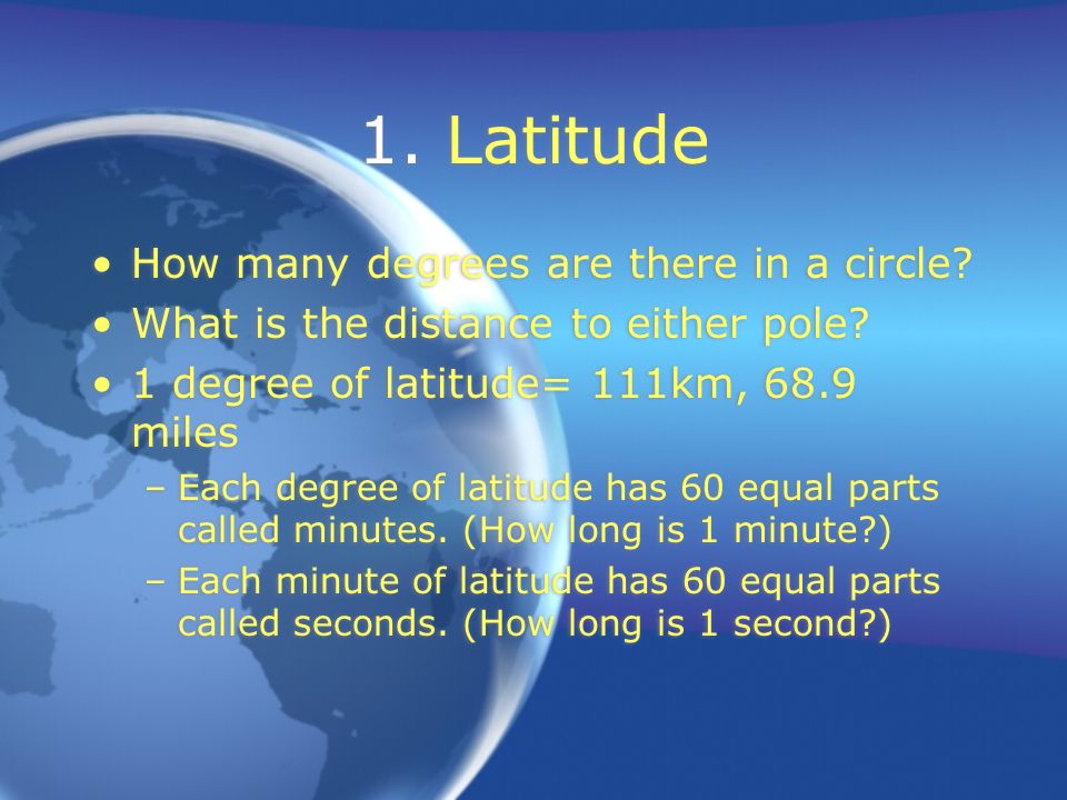 1. Latitude How many degrees are there in a circle