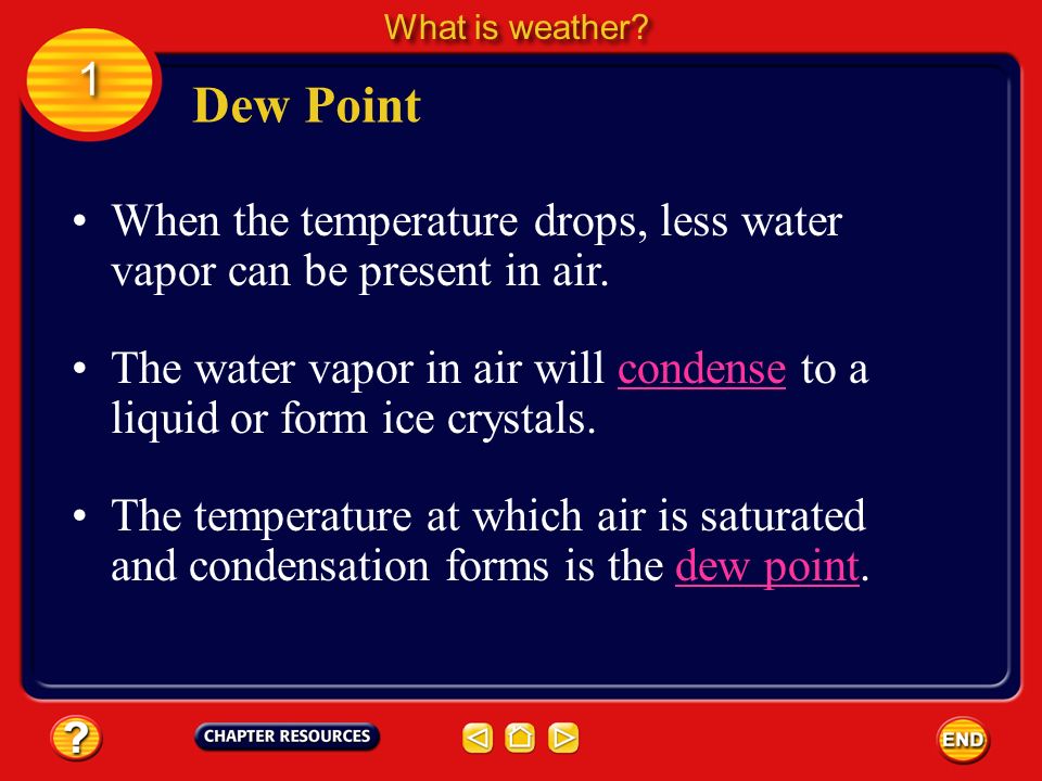 What is weather 1. Dew Point. When the temperature drops, less water vapor can be present in air.
