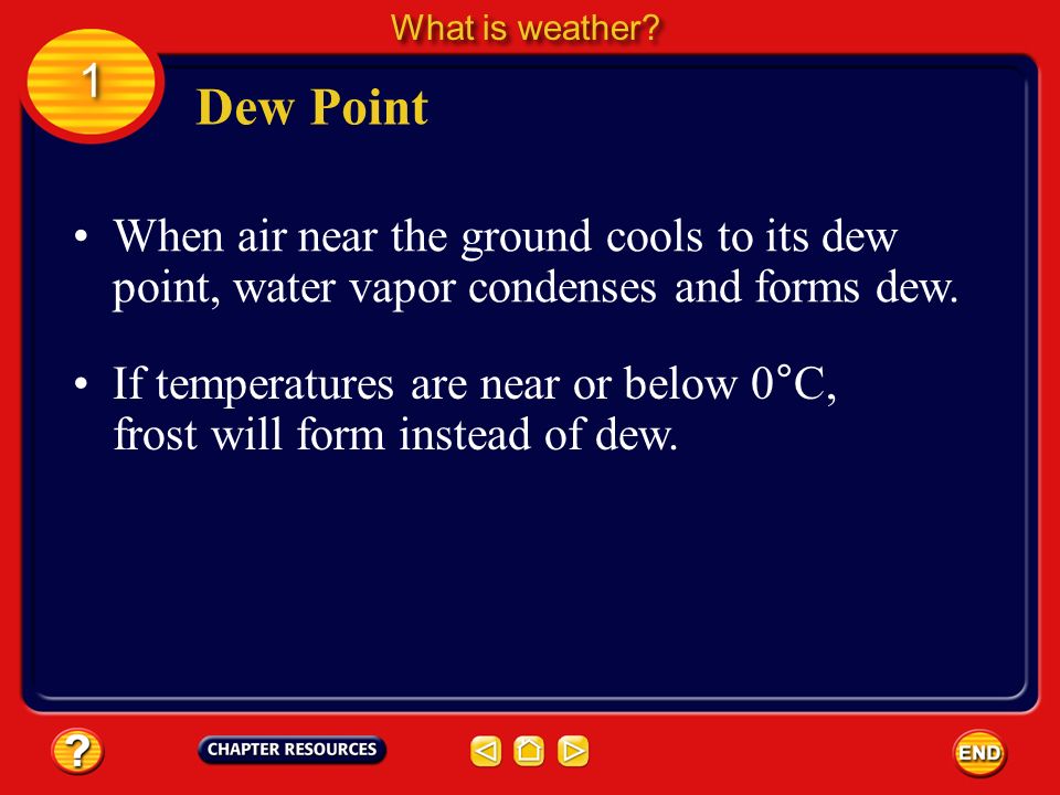 What is weather 1. Dew Point. When air near the ground cools to its dew point, water vapor condenses and forms dew.