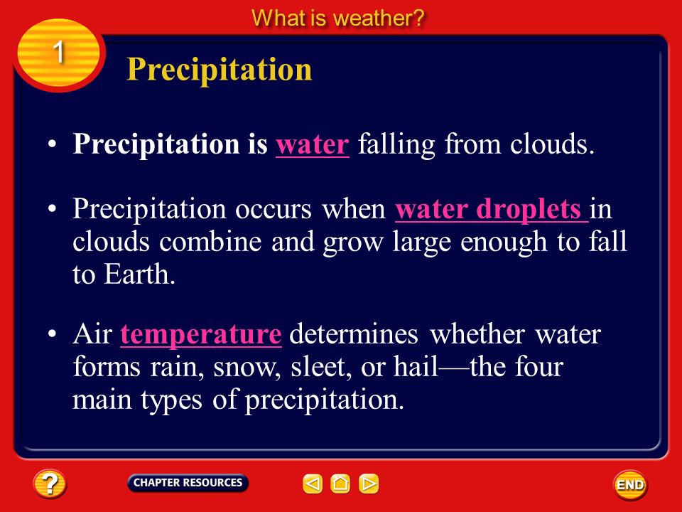 Precipitation 1 Precipitation is water falling from clouds.