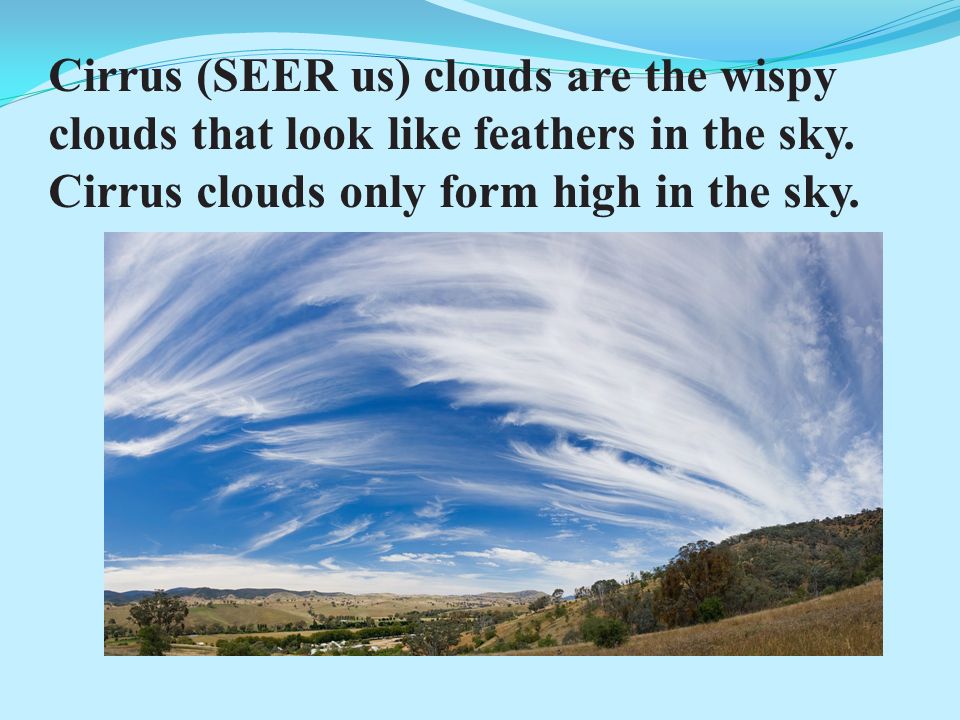 Cirrus (SEER us) clouds are the wispy clouds that look like feathers in the sky.