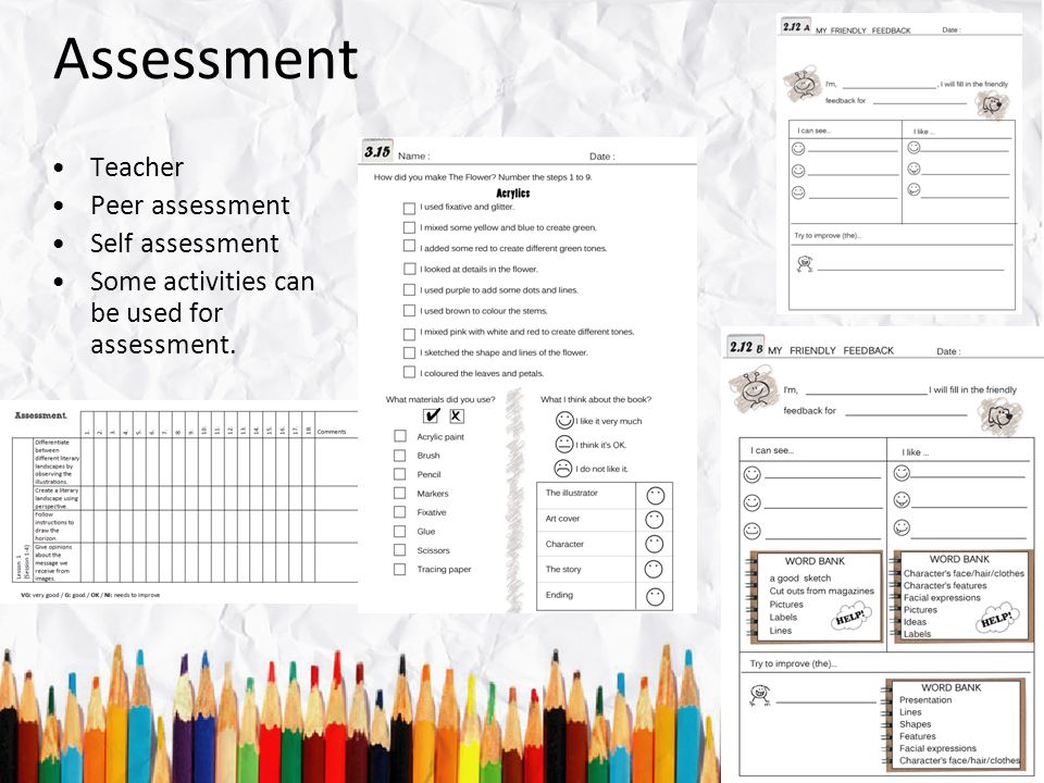 Assessment Teacher Peer assessment Self assessment
