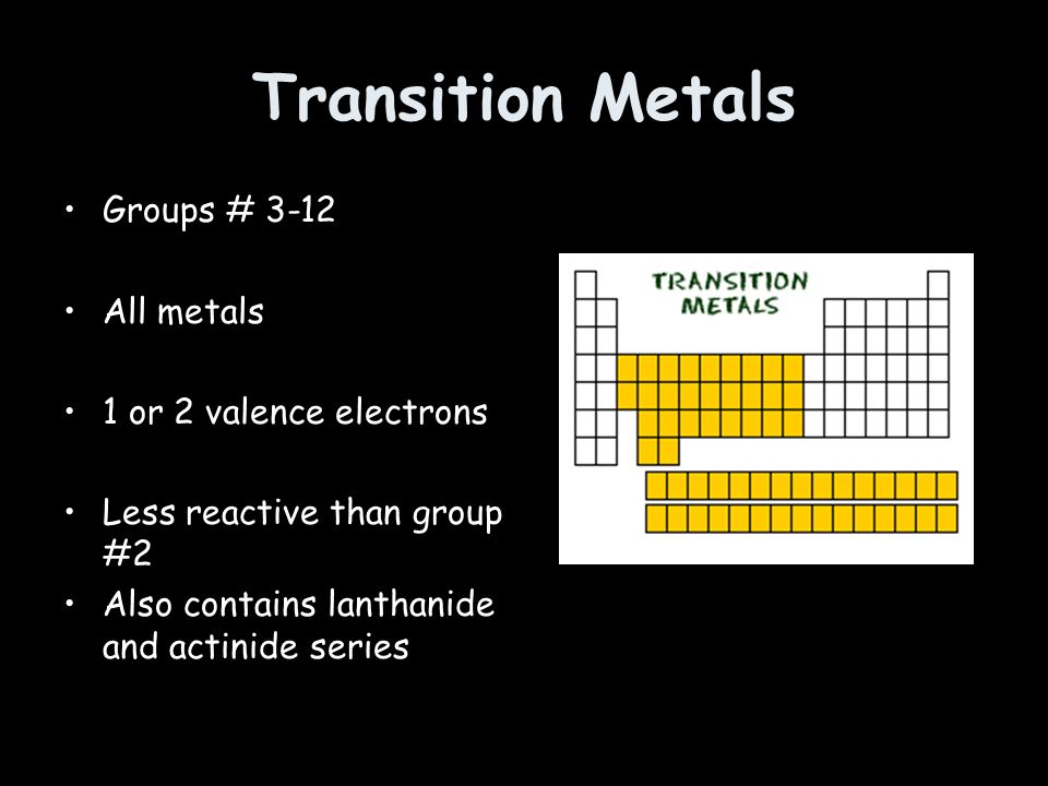 Transition Metals Groups # 3-12 All metals 1 or 2 valence electrons