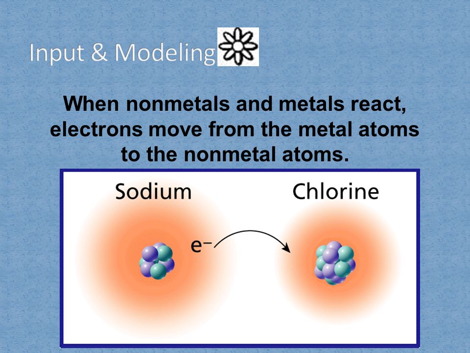 Input & Modeling When nonmetals and metals react, electrons move from the metal atoms to the nonmetal atoms.