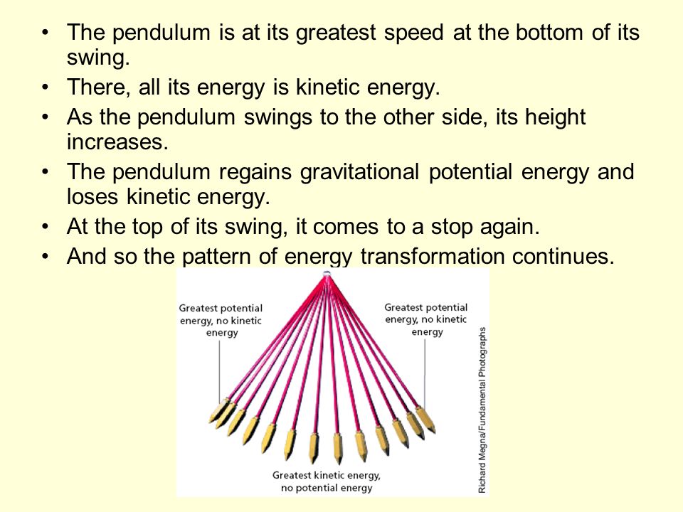 The pendulum is at its greatest speed at the bottom of its swing.