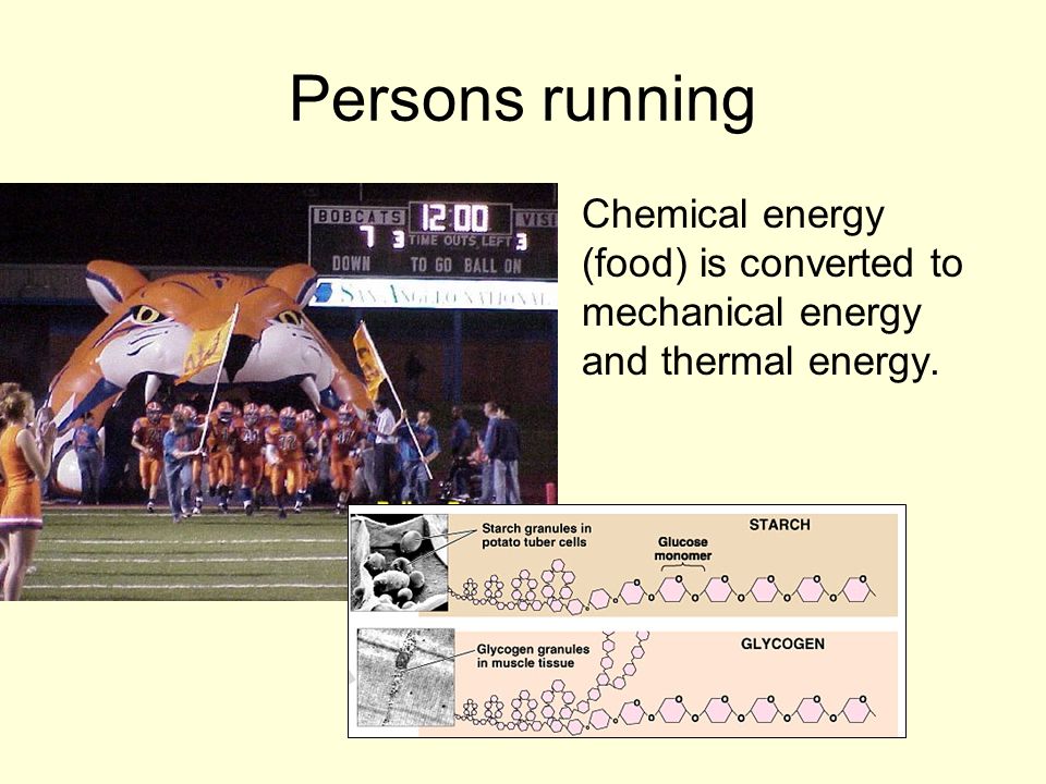 Persons running Chemical energy (food) is converted to mechanical energy and thermal energy.