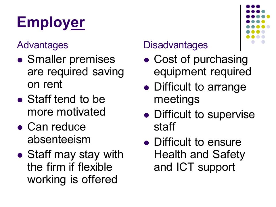 Employer Smaller premises are required saving on rent