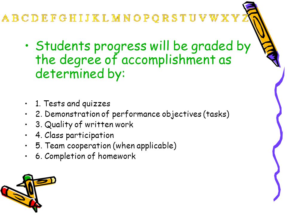 Students progress will be graded by the degree of accomplishment as determined by: