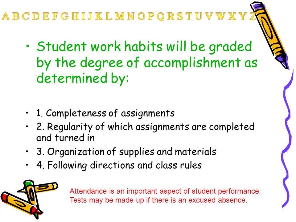 Student work habits will be graded by the degree of accomplishment as determined by:
