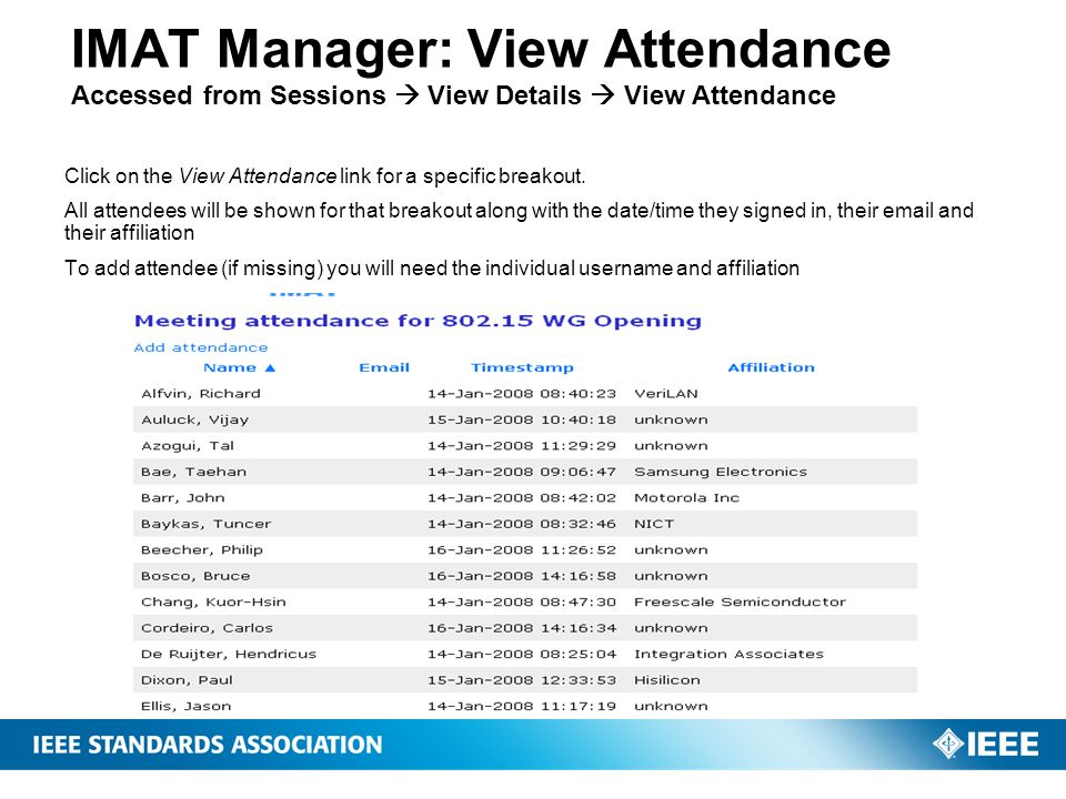 IMAT Manager: View Attendance Accessed from Sessions  View Details  View Attendance