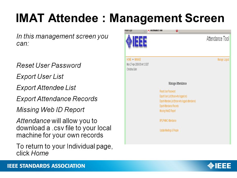 IMAT Attendee : Management Screen