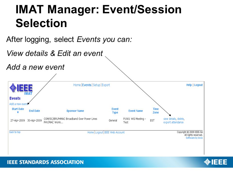 IMAT Manager: Event/Session Selection