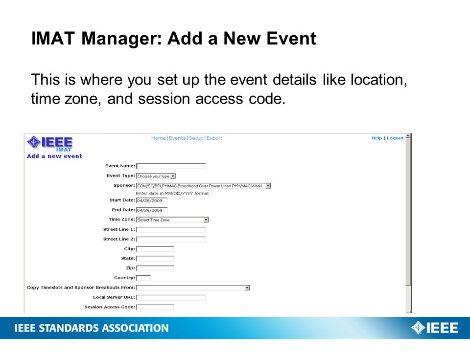 IMAT Manager: Add a New Event