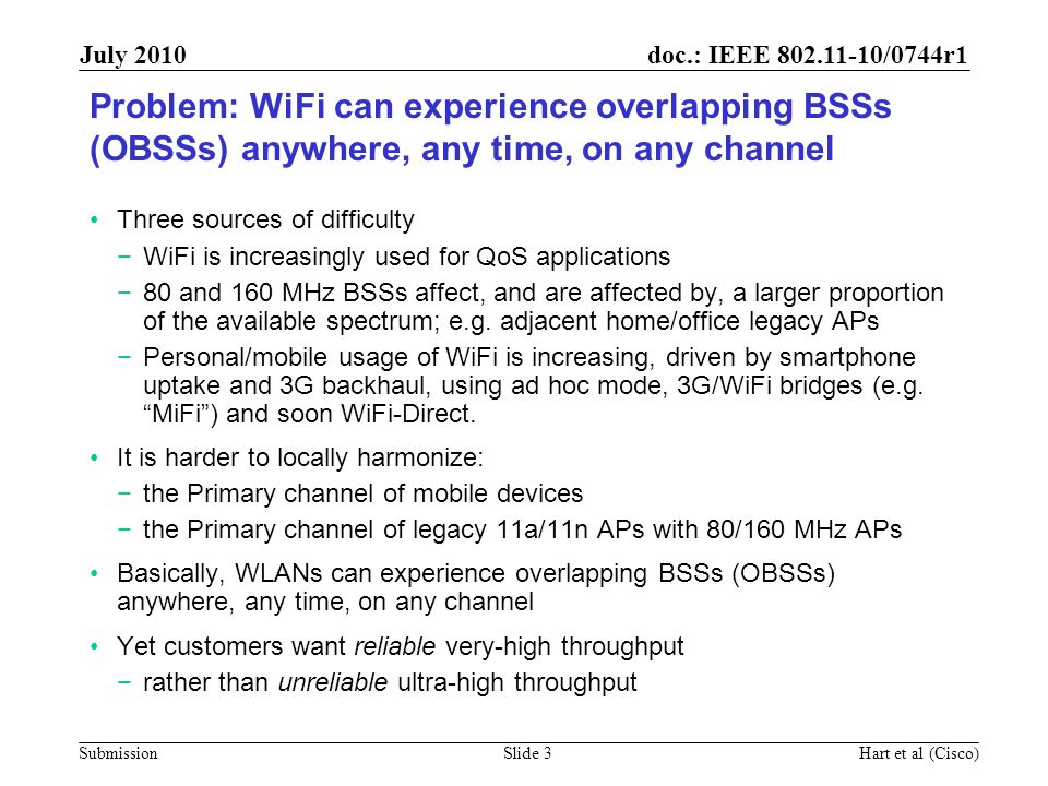 September 2006 doc.: IEEE /1458r0. July Problem: WiFi can experience overlapping BSSs (OBSSs) anywhere, any time, on any channel.