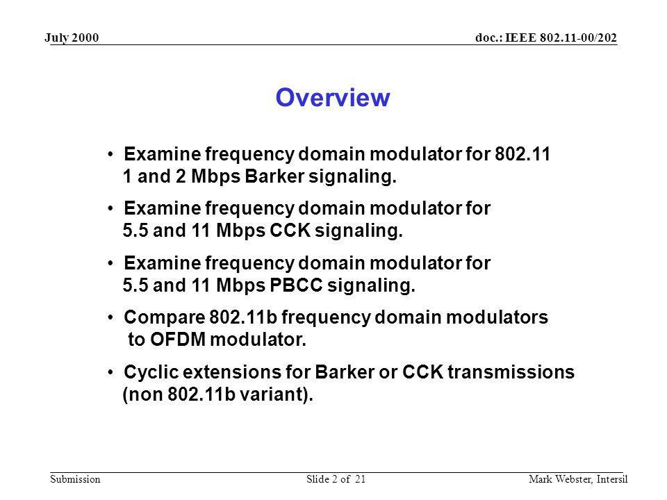 July 2000 doc.: IEEE /202. July Overview. Examine frequency domain modulator for and 2 Mbps Barker signaling.