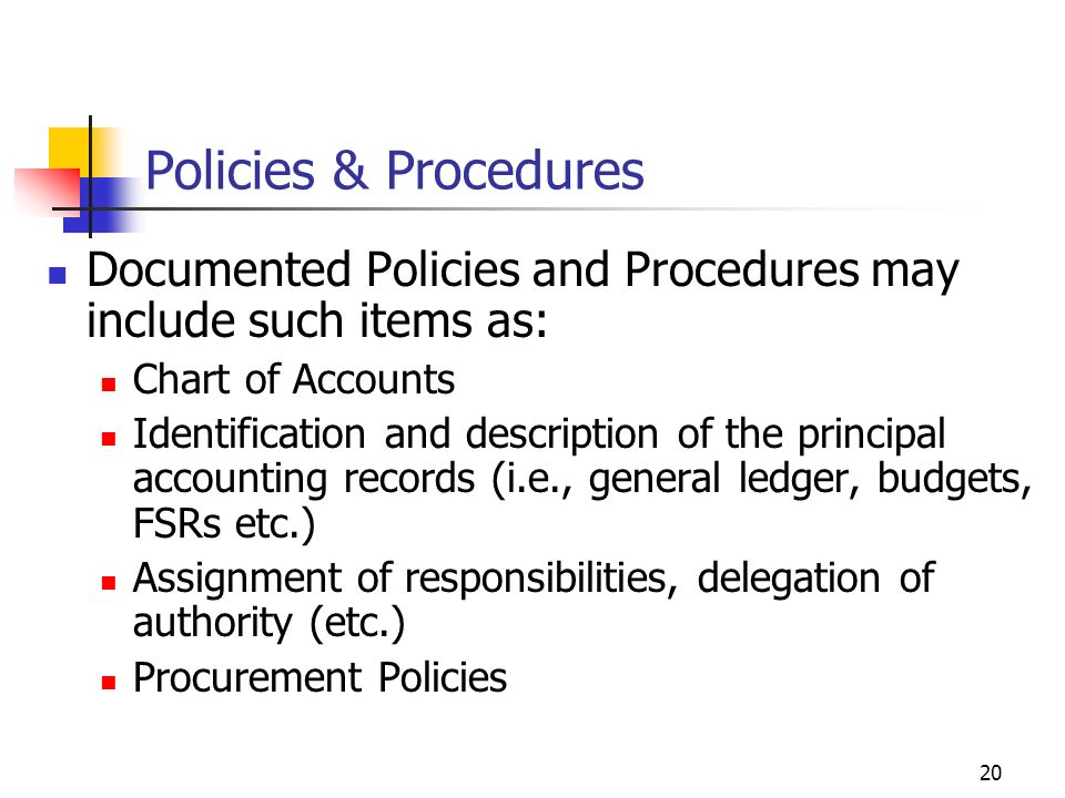 Policies & Procedures Documented Policies and Procedures may include such items as: Chart of Accounts.