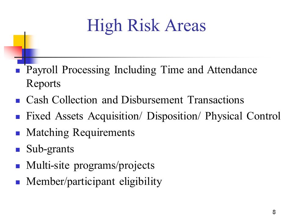 High Risk Areas Payroll Processing Including Time and Attendance Reports. Cash Collection and Disbursement Transactions.