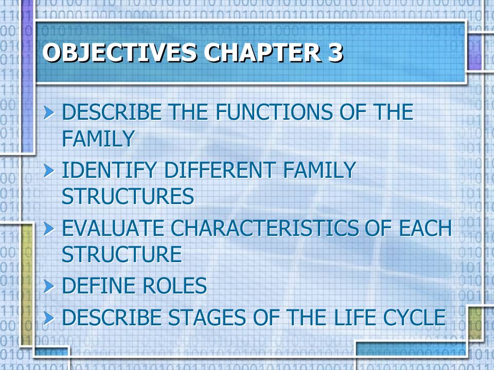 OBJECTIVES CHAPTER 3 DESCRIBE THE FUNCTIONS OF THE FAMILY