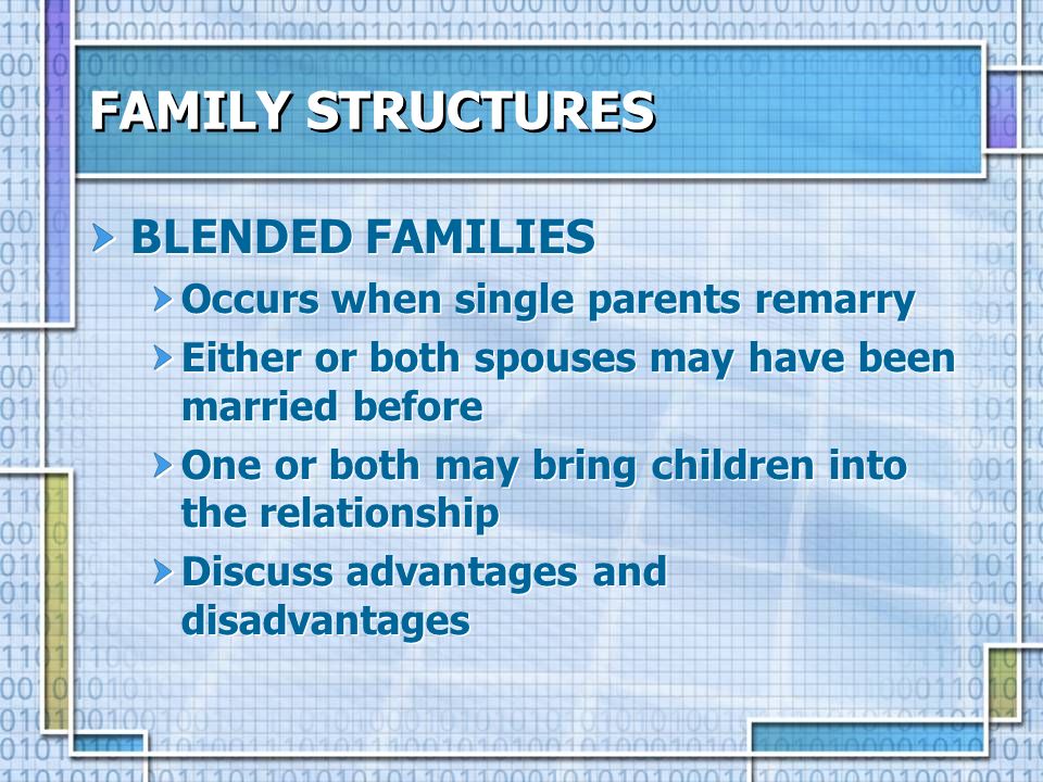 FAMILY STRUCTURES BLENDED FAMILIES Occurs when single parents remarry