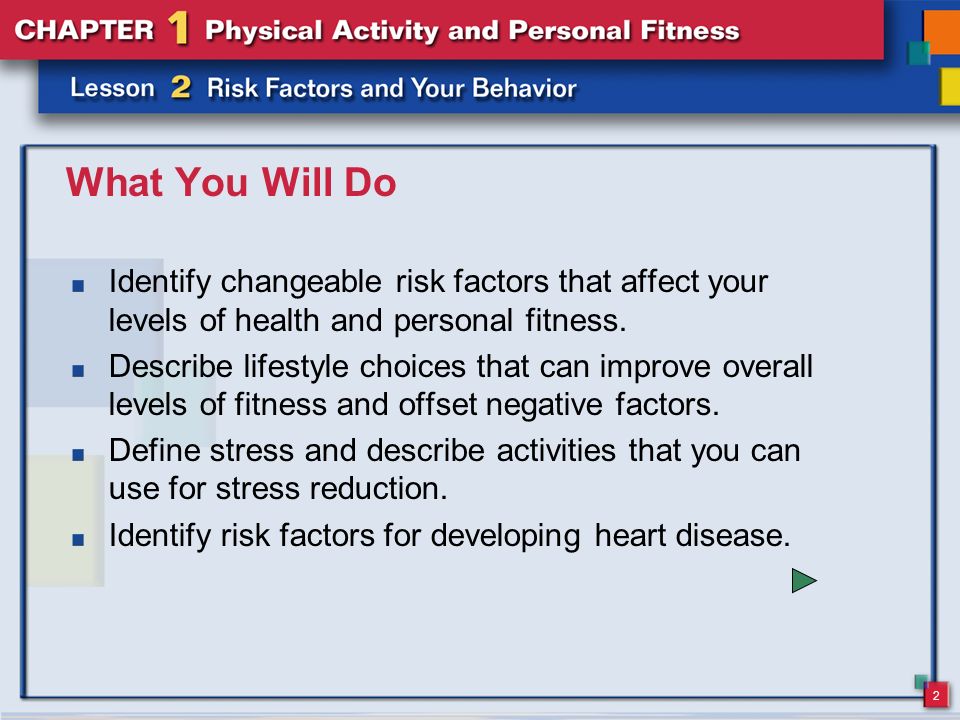 What You Will Do Identify changeable risk factors that affect your levels of health and personal fitness.