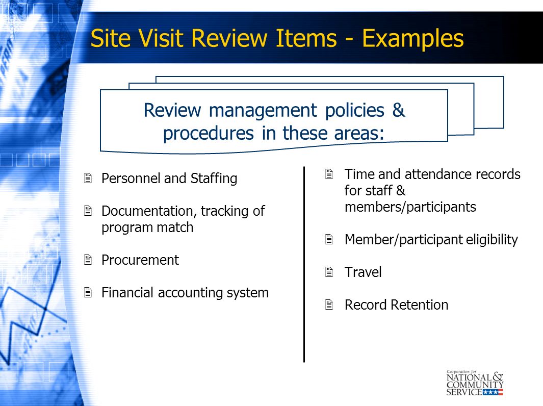 Site Visit Review Items - Examples