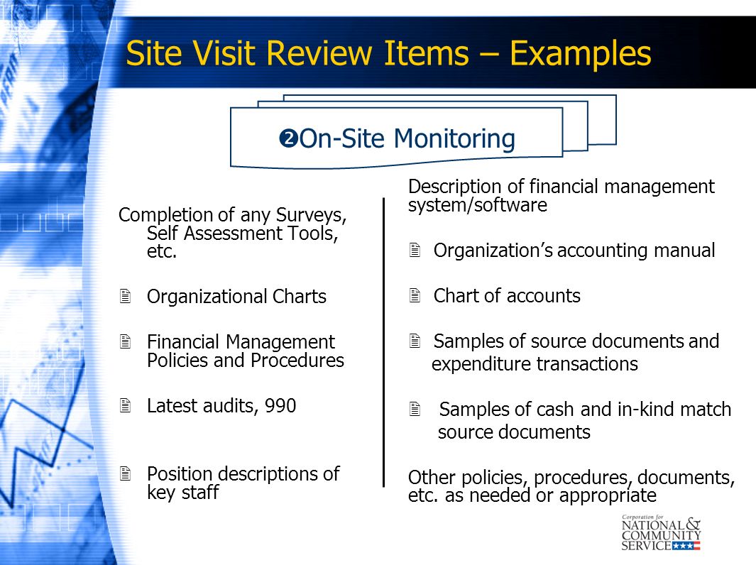 Site Visit Review Items – Examples