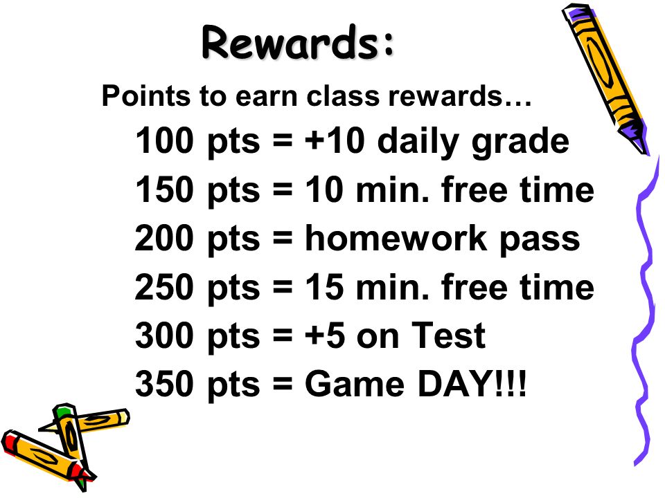 Rewards: 100 pts = +10 daily grade 150 pts = 10 min. free time