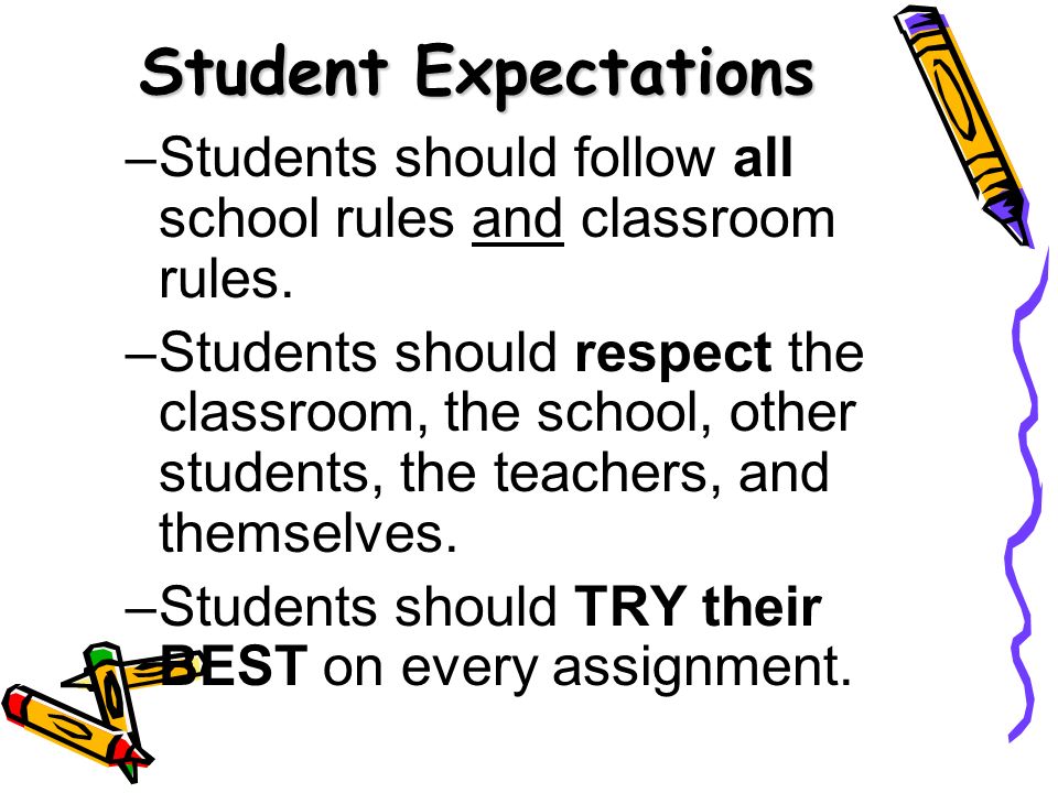 Student Expectations Students should follow all school rules and classroom rules.
