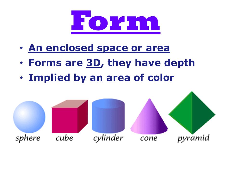Form An enclosed space or area Forms are 3D, they have depth