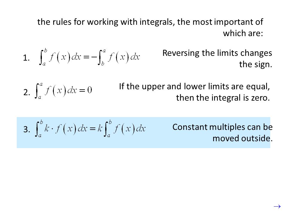 the rules for working with integrals, the most important of which are: