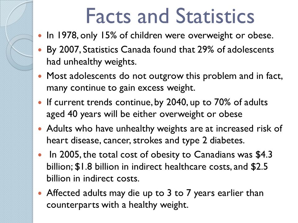 Facts and Statistics In 1978, only 15% of children were overweight or obese.