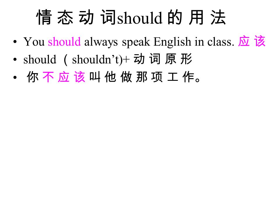 情 态 动 词should 的 用 法 You should always speak English in class. 应 该
