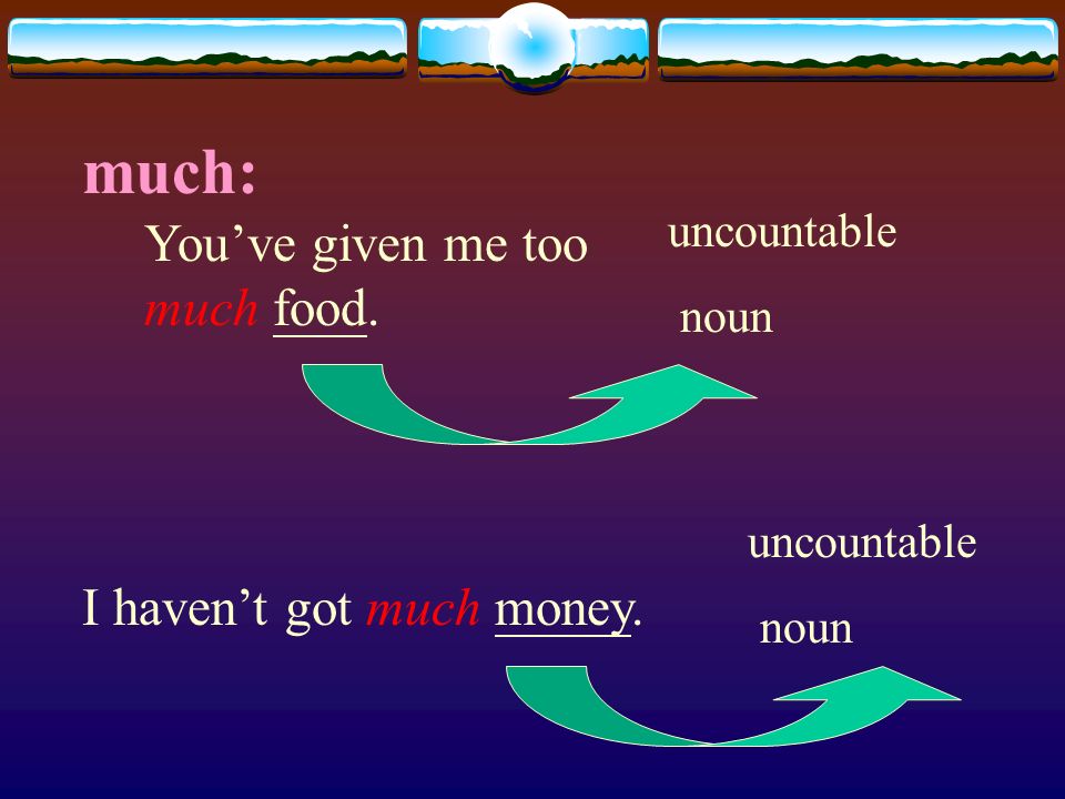 much: You’ve given me too much food. I haven’t got much money.