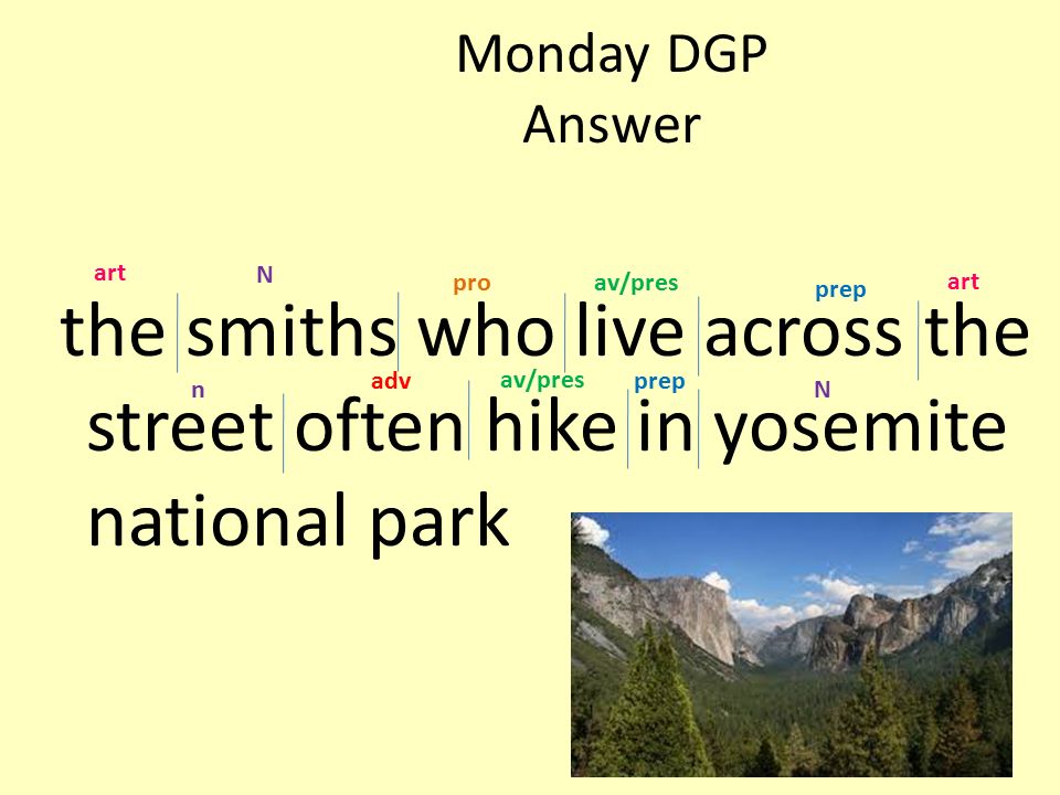 Monday DGP Answer the smiths who live across the street often hike in yosemite national park. art.
