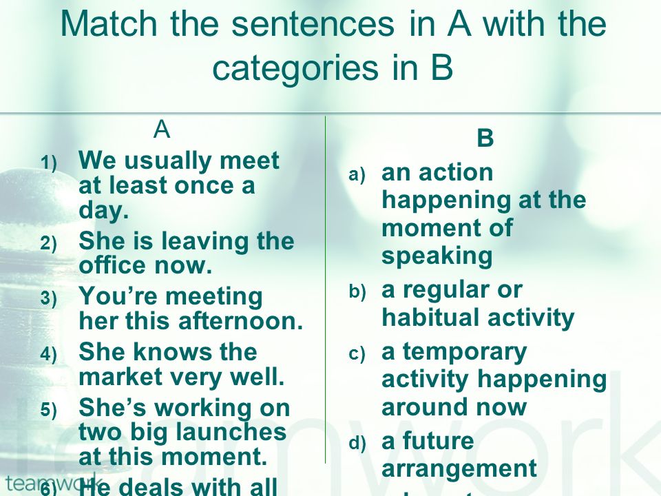 Match the sentences in A with the categories in B