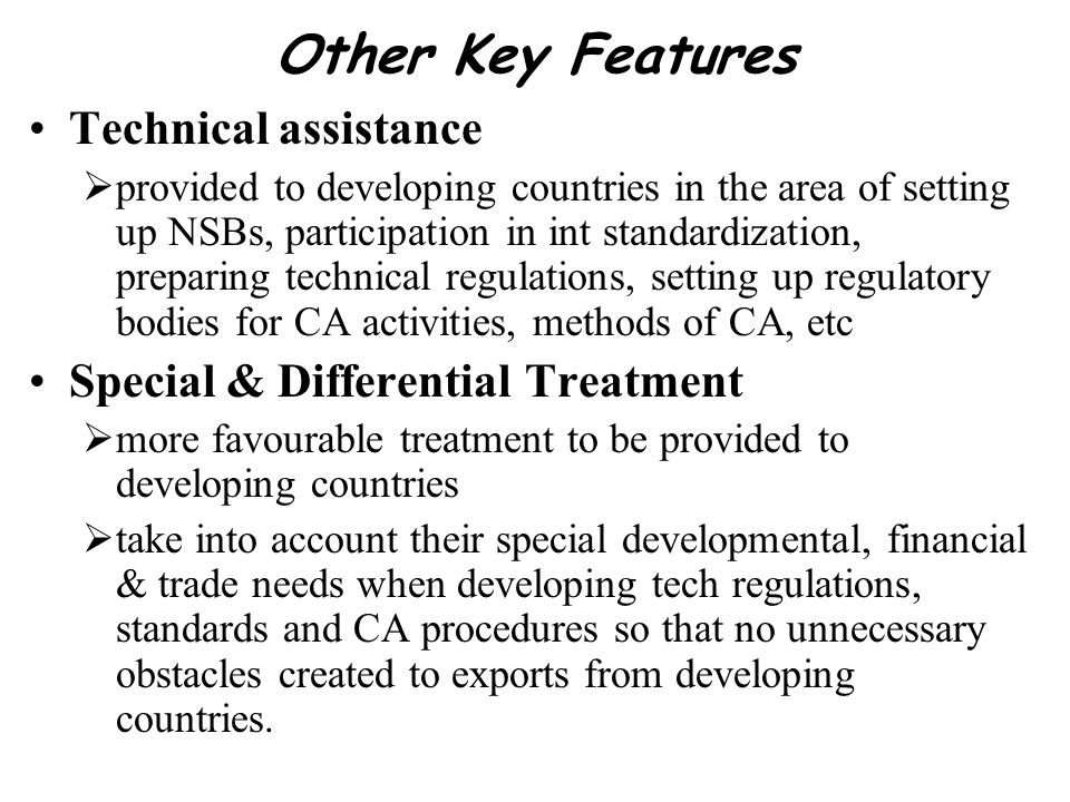 Other Key Features Technical assistance
