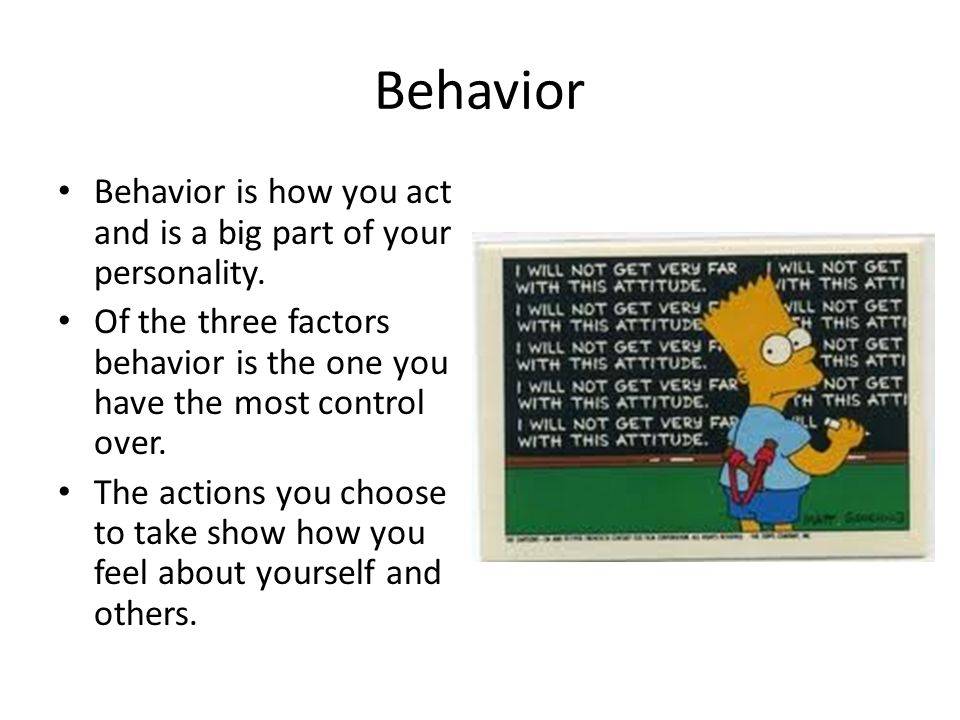 Behavior Behavior is how you act and is a big part of your personality. Of the three factors behavior is the one you have the most control over.