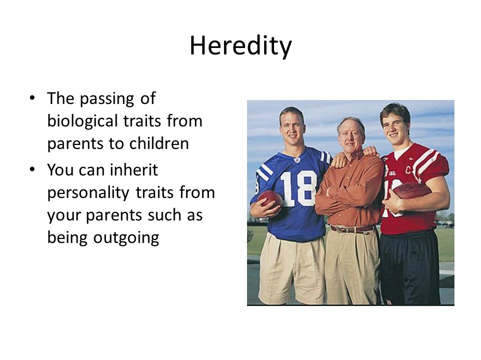 Heredity The passing of biological traits from parents to children