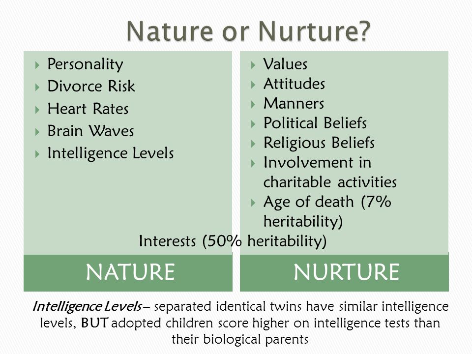 Nature or Nurture NATURE NURTURE Personality Divorce Risk Heart Rates