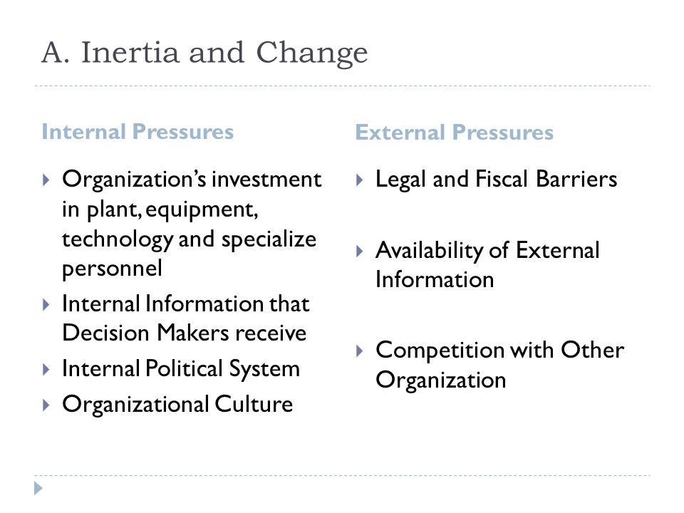 A. Inertia and Change Internal Pressures. External Pressures. Organization’s investment in plant, equipment, technology and specialize personnel.