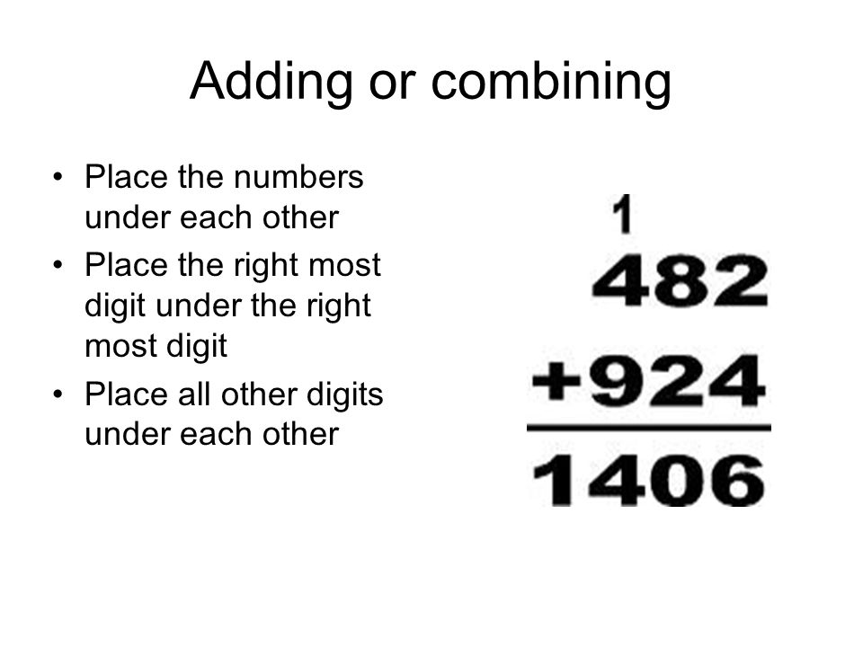 Adding or combining Place the numbers under each other