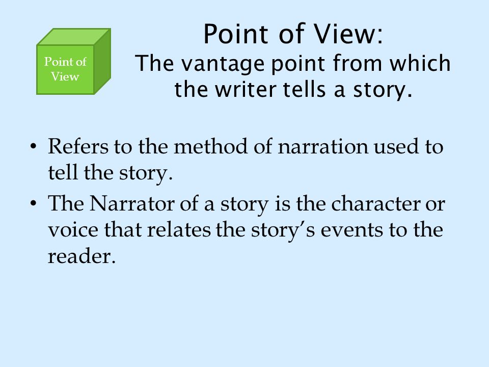Point of View: The vantage point from which the writer tells a story.