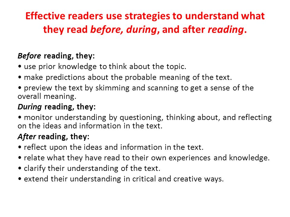 Effective readers use strategies to understand what they read before, during, and after reading.