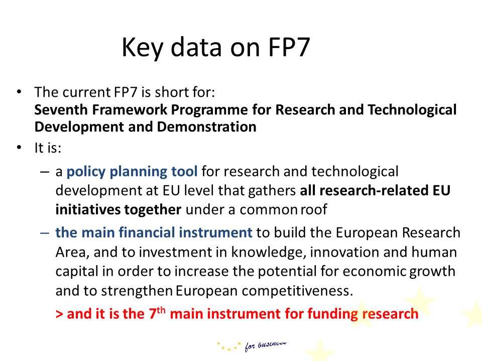 Key data on FP7 The current FP7 is short for: Seventh Framework Programme for Research and Technological Development and Demonstration.