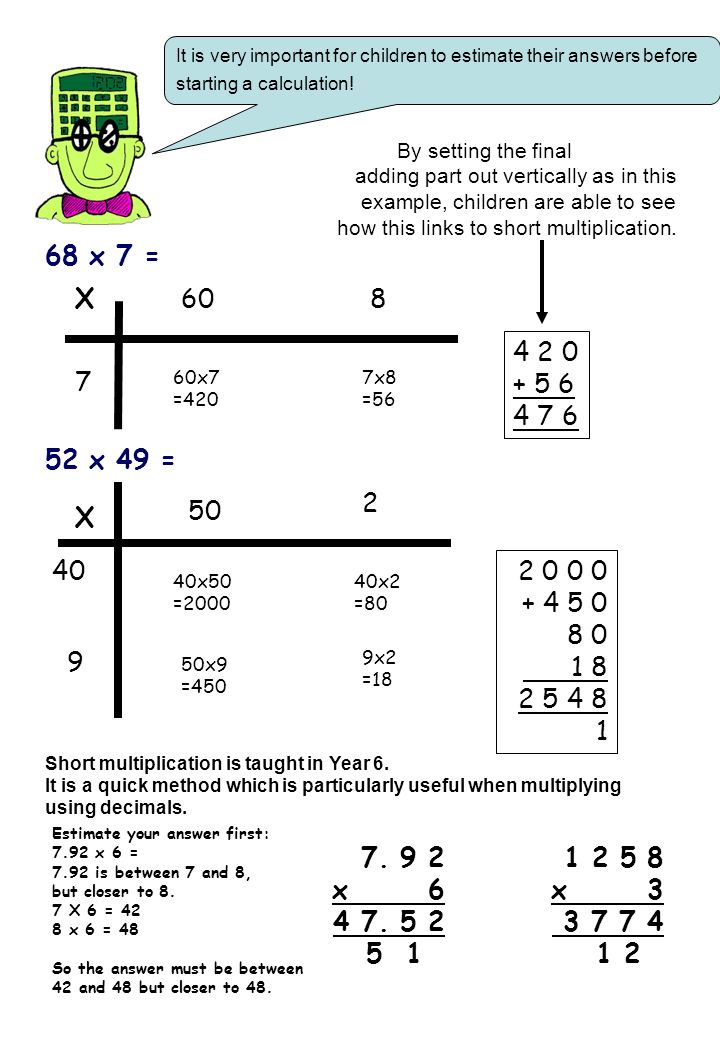 By setting the final adding part out vertically as in this. example, children are able to see. how this links to short multiplication.