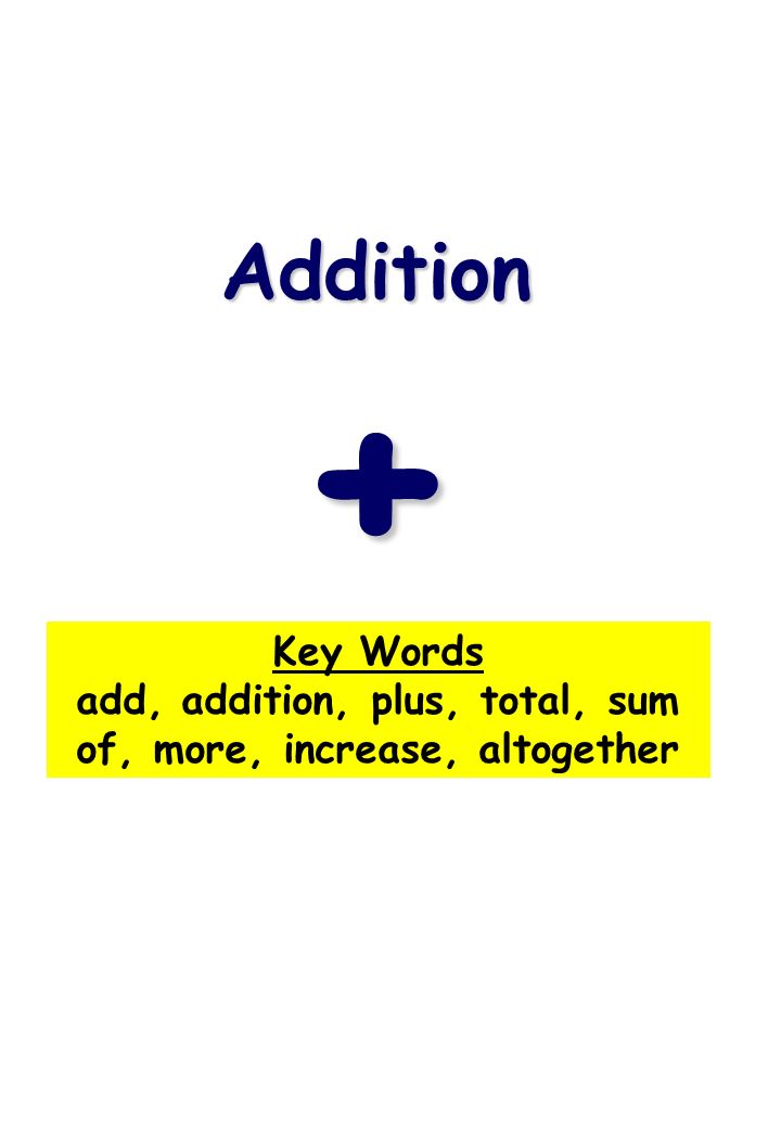 add, addition, plus, total, sum of, more, increase, altogether