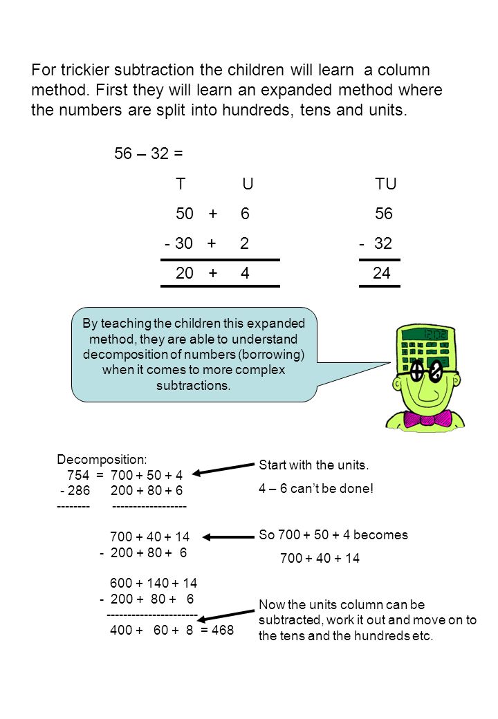 For trickier subtraction the children will learn a column method