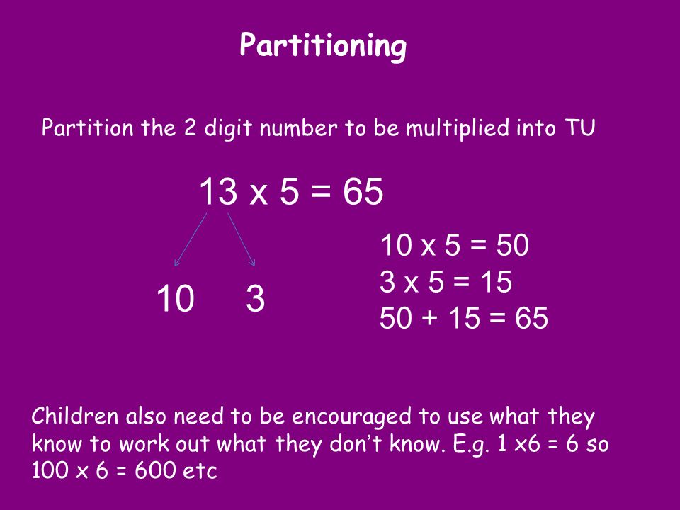 13 x 5 = Partitioning 10 x 5 = 50 3 x 5 = = 65