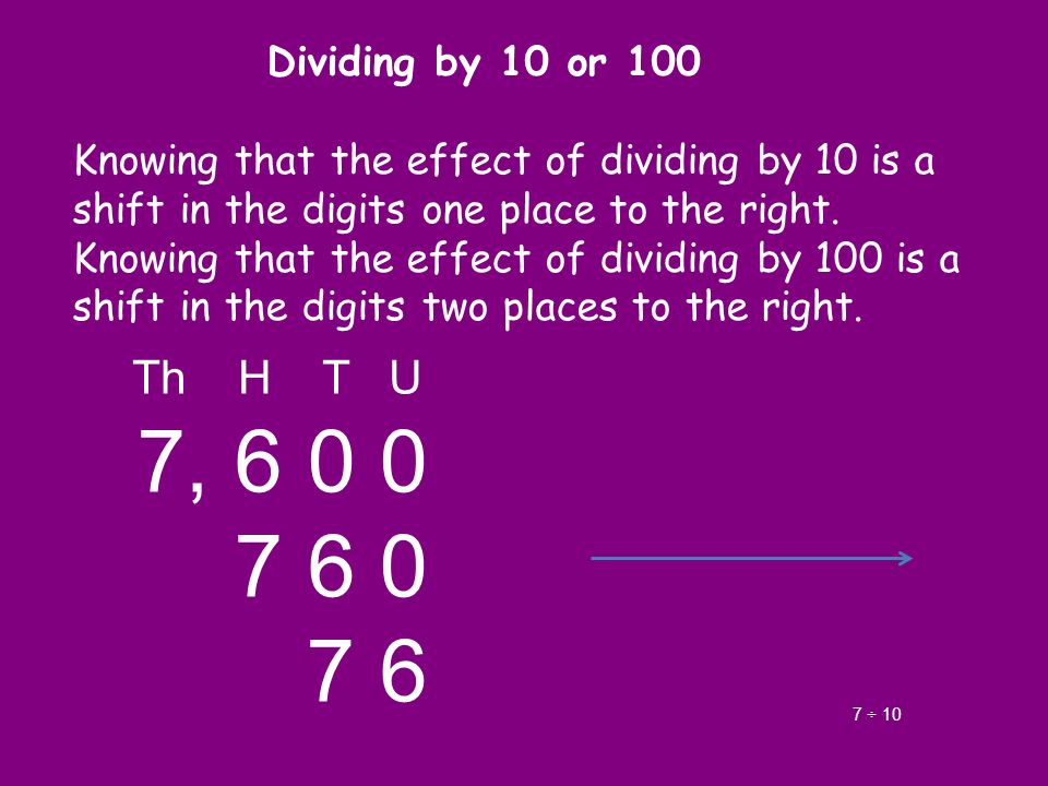 Dividing by 10 or 100 Knowing that the effect of dividing by 10 is a shift in the digits one place to the right.